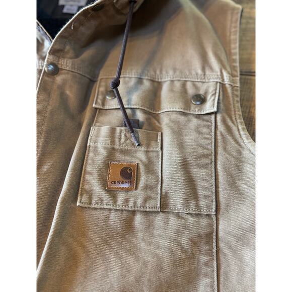 Carhartt Sandstone Multi-Pocket Hooded Canvas Sherpa Lined Vest Chore Barn XL - Picture 4 of 16
